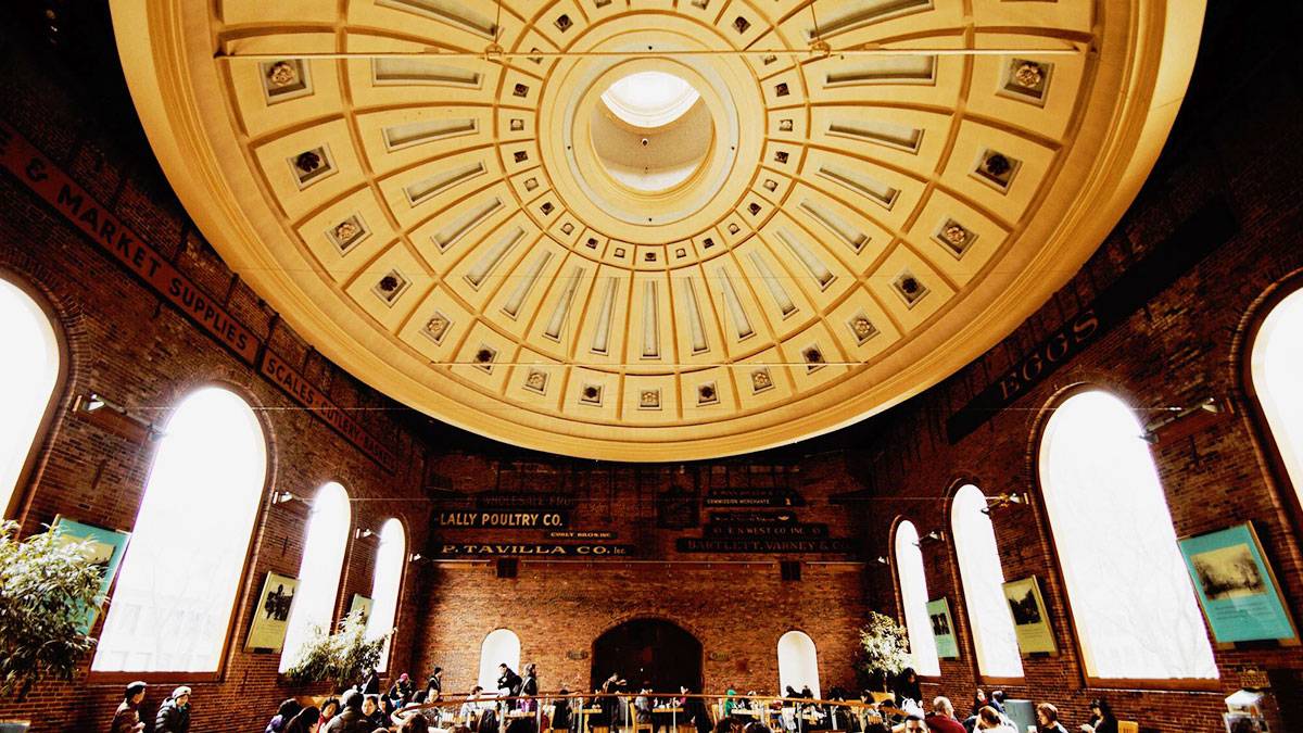 View of the dome inside Quincy Market located in Boston, Massachusettes